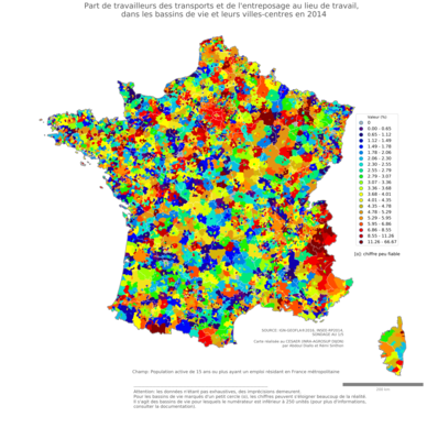 Part de travailleurs des transports et de l'entreposage au lieu de travail - bv2014
Mots-clés: secteur d-activité;lieu de travail;bassins de vie