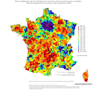 Part se déplaçant par les transports en commun chez les actifs ayant un emploi - bv2014
Mots-clés: transports;bassins de vie