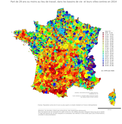 Part de 29 ans ou moins au lieu de travail - bv2014
Mots-clés: âge;lieu de travail;bassins de vie