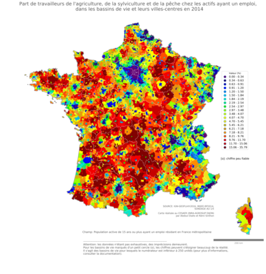 Part de travailleurs de l'agriculture, de la sylviculture et de la pêche chez les actifs ayant un emploi - bv2014
Mots-clés: secteur d-activité;bassins de vie