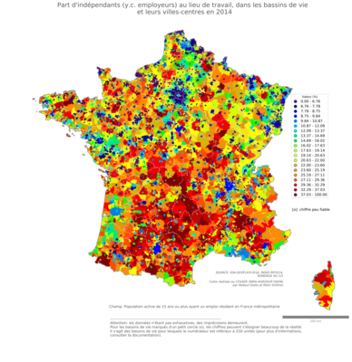 Part d'indépendants (y.c. employeurs) au lieu de travail - bv2014
Mots-clés: profession;lieu de travail;fonction publique ou indépendance;bassins de vie