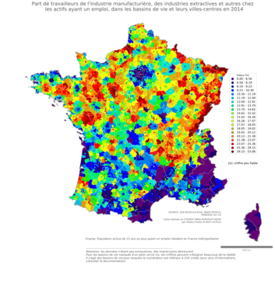 Part de travailleurs de l'industrie manufacturière, des industries extractives et autres chez les actifs ayant un emploi - bv2014
Mots-clés: secteur d-activité;bassins de vie