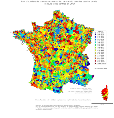 Part d'ouvriers de la construction au lieu de travail - bv2014
Mots-clés: profession;sexe;hommes;lieu de travail;secteur d-activité;classes populaires;bassins de vie