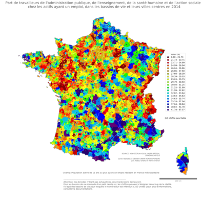 Part de travailleurs de l'administration publique, de l'enseignement, de la santé humaine et de l'action sociale chez les actifs ayant un emploi - bv2014
Mots-clés: secteur d-activité;fonction publique ou indépendance;bassins de vie