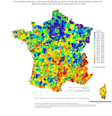 % travaillant dans leur commune de résidence parmi l'ensemble des femmes résidentes - bv2014
Mots-clés: résidence et logement;sexe;femmes;bassins de vie