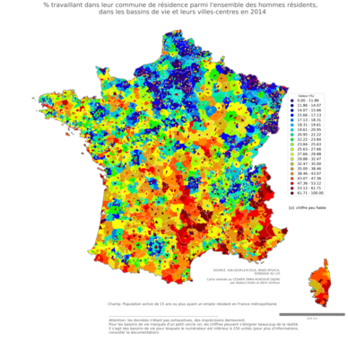 % travaillant dans leur commune de résidence parmi l'ensemble des hommes résidents - bv2014
Mots-clés: résidence et logement;sexe;hommes;bassins de vie