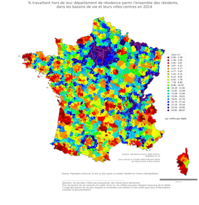 % travaillant hors de leur département de résidence parmi l'ensemble des résidents - bv2014
Mots-clés: résidence et logement;bassins de vie