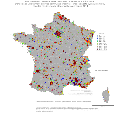 Part travaillant dans une autre commune de la même unité urbaine (renseignée uniquement pour les communes urbaines) chez les actifs ayant un emploi - bv2014
Mots-clés: lieu de travail;conditions de travail et d-emploi;bassins de vie