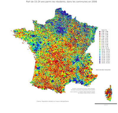 Part de 15'24 ans parmi les résidents - com2006
Mots-clés: âge;communes