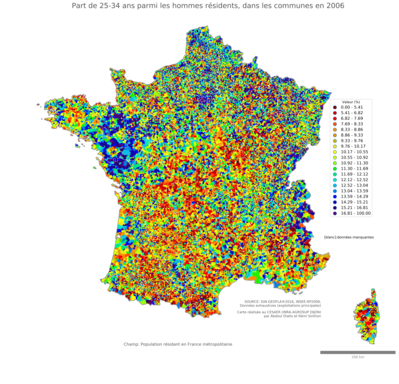 Part de 25'34 ans parmi les hommes résidents - com2006
Mots-clés: âge;sexe;hommes;communes