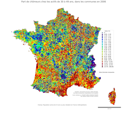 Part de chômeurs chez les actifs de 30 à 49 ans - com2006
Mots-clés: chômage;âge;classes populaires;communes