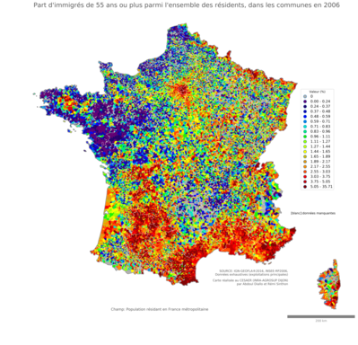 Part d'immigrés de 55 ans ou plus parmi l'ensemble des résidents - com2006
Mots-clés: immigration;âge;classes populaires;communes