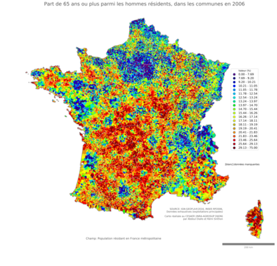 Part de 65 ans ou plus parmi les hommes résidents - com2006
Mots-clés: âge;sexe;hommes;communes