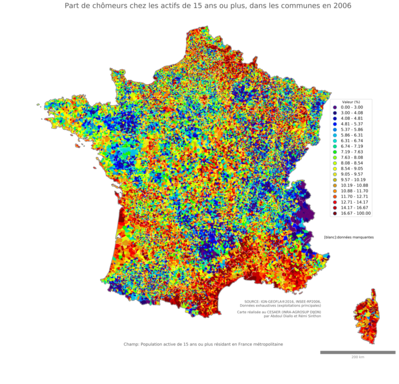 Part de chômeurs chez les actifs de 15 ans ou plus - com2006
Mots-clés: chômage;classes populaires;communes