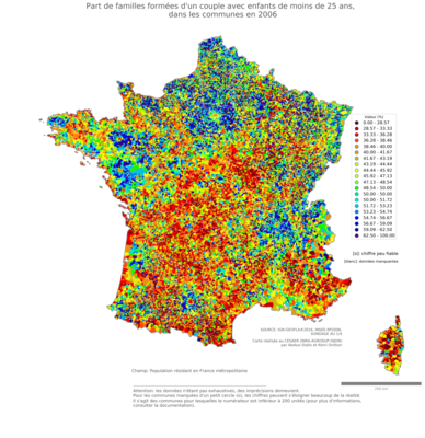 Part de familles formées d'un couple avec enfants de moins de 25 ans - com2006
Mots-clés: famille et enfants;couple;communes