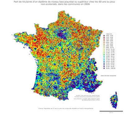 Part de titulaires d'un diplôme de niveau baccalauréat ou supérieur chez les 60 ans ou plus non'scolarisés - com2006
Mots-clés: études et diplôme;âge;communes