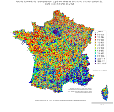 Part de diplômés de l'enseignement supérieur chez les 60 ans ou plus non'scolarisés - com2006
Mots-clés: études et diplôme;âge;classes supérieures;communes