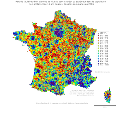 Part de titulaires d'un diplôme de niveau baccalauréat ou supérieur dans la population non'scolarisée de 15 ans ou plus - com2006
Mots-clés: études et diplôme;communes