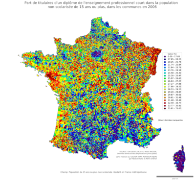 Part de titulaires d'un diplôme de l'enseignement professionnel court dans la population non'scolarisée de 15 ans ou plus - com2006
Mots-clés: études et diplôme;classes populaires;communes