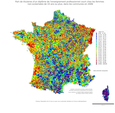 Part de titulaires d'un diplôme de l'enseignement professionnel court chez les femmes non'scolarisées de 15 ans ou plus - com2006
Mots-clés: études et diplôme;sexe;femmes;classes populaires;communes