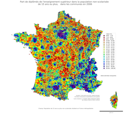 Part de diplômés de l'enseignement supérieur dans la population non'scolarisée de 15 ans ou plus - com2006
Mots-clés: études et diplôme;classes supérieures;communes