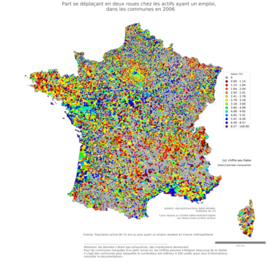 Part se déplaçant en deux roues chez les actifs ayant un emploi - com2006
Mots-clés: transports;communes