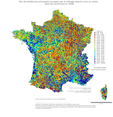 Part de résidences principales occupées par le ménage depuis 4 ans ou moins - com2006
Mots-clés: résidence et logement;communes