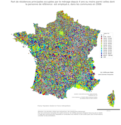 Part de résidences principales occupées par le ménage depuis 4 ans ou moins parmi celles dont la personne de référence est employé.e - com2006
Mots-clés: résidence et logement;profession;classes populaires;communes