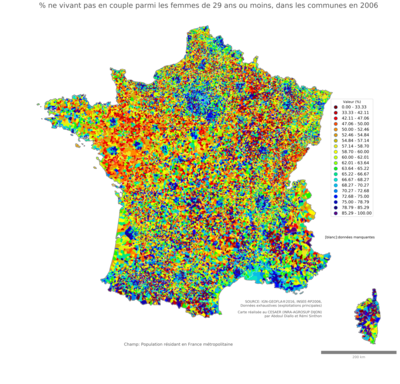 Part ne vivant pas en couple parmi les femmes de 29 ans ou moins - com2006
Mots-clés: couple;âge;sexe;femmes;communes