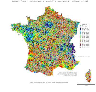 Part de chômeurs chez les femmes actives de 15 à 24 ans - com2006
Mots-clés: chômage;sexe;femmes;âge;classes populaires;communes