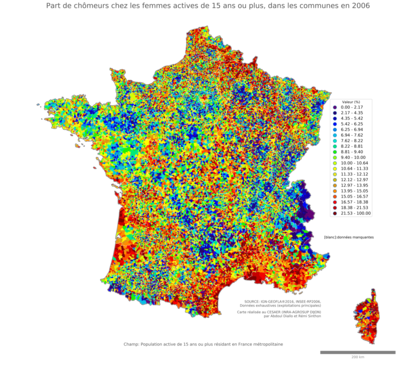 Part de chômeurs chez les femmes actives de 15 ans ou plus - com2006
Mots-clés: chômage;sexe;femmes;classes populaires;communes