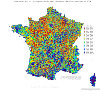 Part ne vivant pas en couple parmi les femmes résidentes - com2006
Mots-clés: couple;sexe;femmes;communes