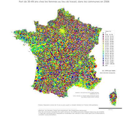 Part de 30'49 ans chez les femmes au lieu de travail - com2006
Mots-clés: âge;lieu de travail;communes