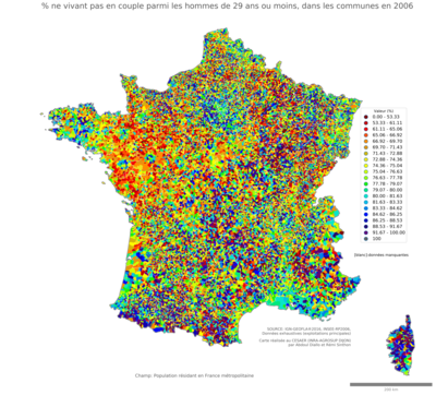 Part ne vivant pas en couple parmi les hommes de 29 ans ou moins - com2006
Mots-clés: couple;âge;sexe;hommes;communes