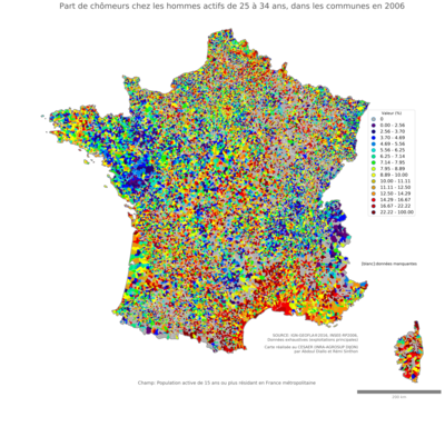 Part de chômeurs chez les hommes actifs de 25 à 34 ans - com2006
Mots-clés: chômage;sexe;hommes;âge;classes populaires;communes