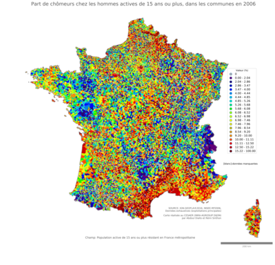 Part de chômeurs chez les hommes actives de 15 ans ou plus - com2006
Mots-clés: chômage;sexe;hommes;classes populaires;communes