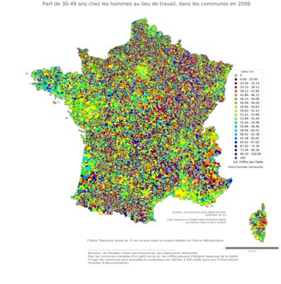 Part de 30'49 ans chez les hommes au lieu de travail - com2006
Mots-clés: âge;lieu de travail;communes