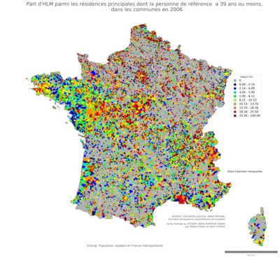 Part d'HLM parmi les résidences principales dont la personne de référence a 39 ans ou moins” - com2006
Mots-clés: résidence et logement;âge;conditions d-existence;classes populaires;communes