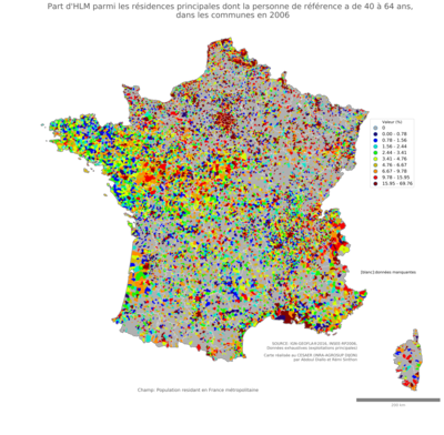 Part d'HLM parmi les résidences principales dont la personne de référence a de 40 à 64 ans - com2006
Mots-clés: résidence et logement;âge;conditions d-existence;classes populaires;communes