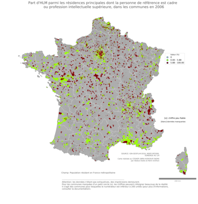 Part d'HLM parmi les résidences principales dont la personne de référence est cadre ou profession intellectuelle supérieure - com2006
Mots-clés: résidence et logement;profession;conditions d-existence;classes supérieures;classes populaires;communes