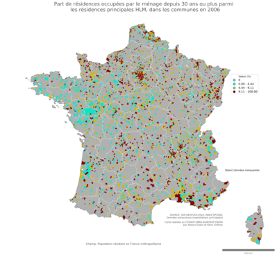 Part de résidences occupées par le ménage depuis 30 ans ou plus parmi les résidences principales HLM - com2006
Mots-clés: résidence et logement;conditions d-existence;classes populaires;communes