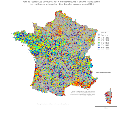 Part de résidences occupées par le ménage depuis 4 ans ou moins parmi les résidences principales HLM - com2006
Mots-clés: résidence et logement;conditions d-existence;classes populaires;communes