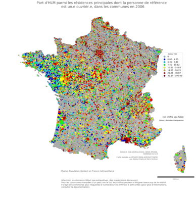 Part d'HLM parmi les résidences principales dont la personne de référence est un.e ouvrièr.e - com2006
Mots-clés: résidence et logement;profession;conditions d-existence;classes populaires;communes