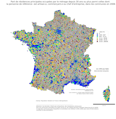 Part de résidences principales occupées par le ménage depuis 30 ans ou plus parmi celles dont la personne de référence est artisan.e, commerçant.e ou chef d'entreprise - com2006
Mots-clés: résidence et logement;profession;fonction publique ou indépendance;communes