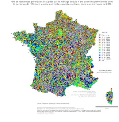 Part de résidences principales occupées par le ménage depuis 4 ans ou moins parmi celles dont la personne de référence exerce une profession intermédiaire - com2006
Mots-clés: résidence et logement;profession;communes