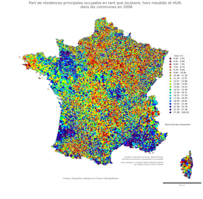 Part de résidences principales occupées en tant que locataire, hors meublés et HLM - com2006
Mots-clés: résidence et logement;conditions d-existence;communes