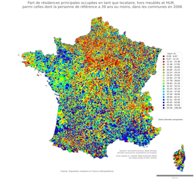 Part de résidences principales occupées en tant que locataire, hors meublés et HLM, parmi celles dont la personne de référence a 39 ans ou moins - com2006
Mots-clés: résidence et logement;âge;conditions d-existence;classes populaires;communes