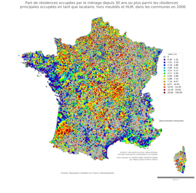 Part de résidences occupées par le ménage depuis 30 ans ou plus parmi les résidences principales occupées en tant que locataire, hors meublés et HLM - com2006
Mots-clés: résidence et logement;conditions d-existence;communes