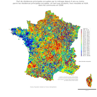 Part de résidences principales occupées par le ménage depuis 4 ans ou moins parmi les résidences principales occupées en tant que locataire, hors meublés et HLM - com2006
Mots-clés: résidence et logement;conditions d-existence;communes