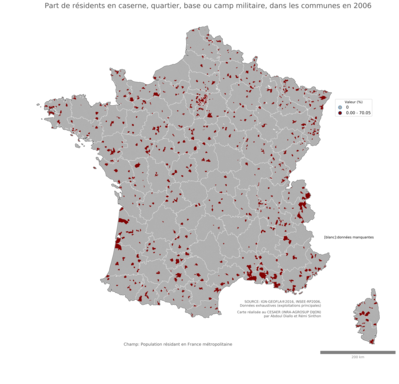 Part de résidents en caserne, quartier, base ou camp militaire - com2006
Mots-clés: résidence et logement;conditions d-existence;conditions de travail et d-emploi;communes